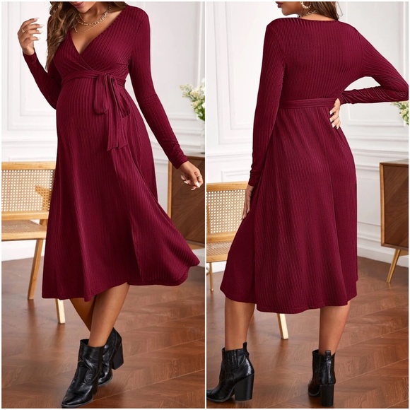 Maternity Rust Ribbed Long Sleeve Minimalist Dress - Picture 6 of 6
